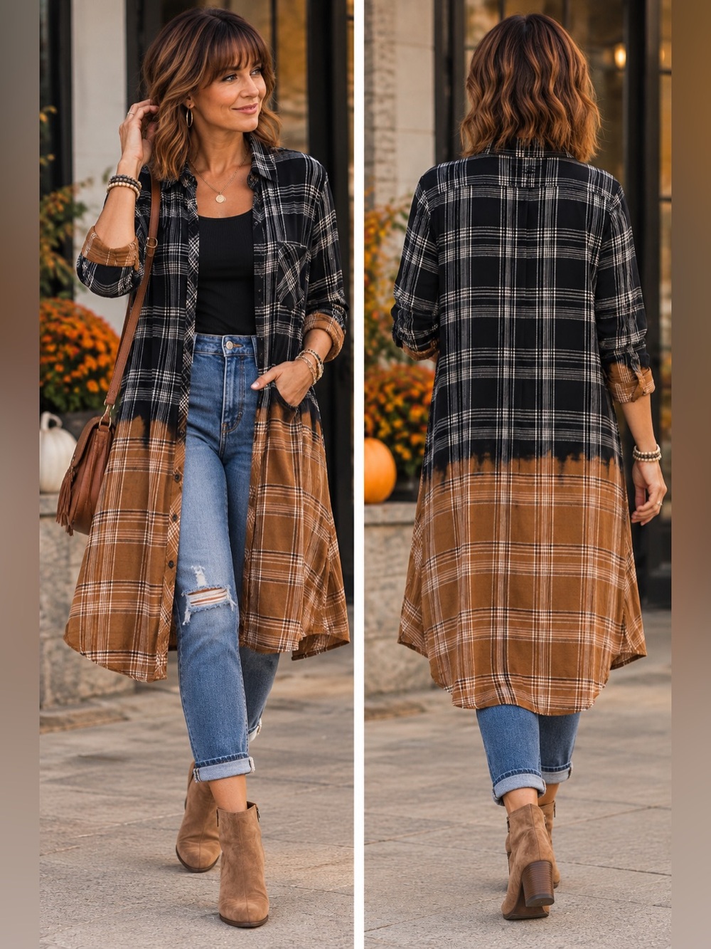 Upcycled Plaid Duster Dress XL OOAK Black Brown Bleach Dyed Button Down